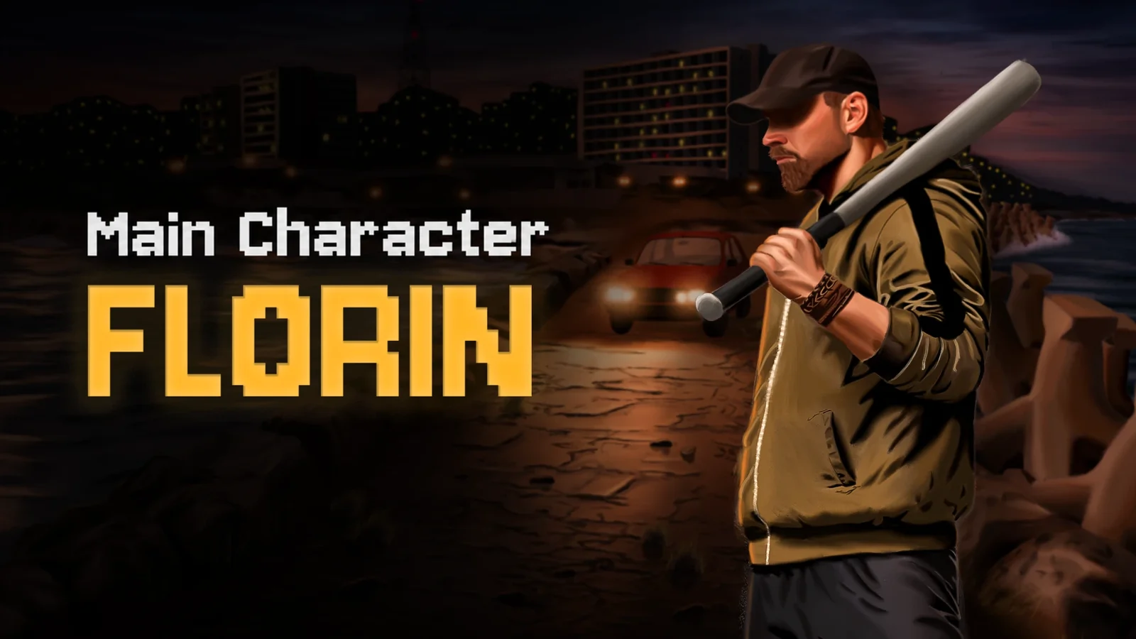 Main character Florin: a bearded young man in a cap and an olive tracksuit, a baseball bat over his shoulder, on a dark road by the sea.